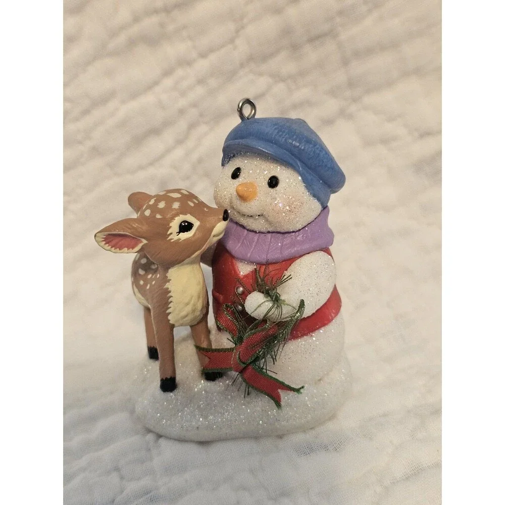 Hallmark 2004 Snowman & Deer Christmas Hanging Ornament Multicolor Plastic Vtg